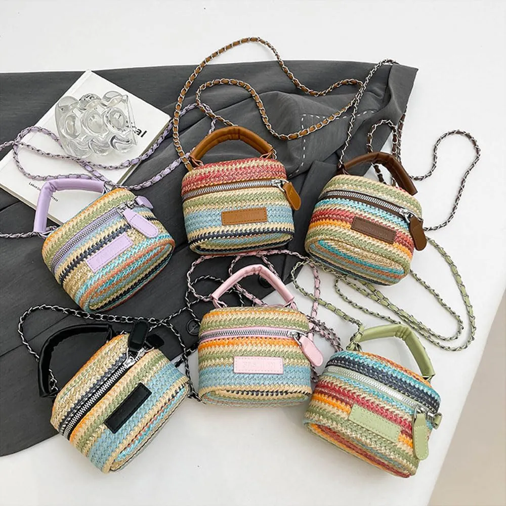 Women's Colorful Straw Crossbody Bag with Chain Strap Stylish Versatile Handbags