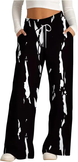 Women's Wide Leg Sweatpants 2024 Fall Casual High Waisted Pants Print Trendy Trousers for Women Drawstring Joggers