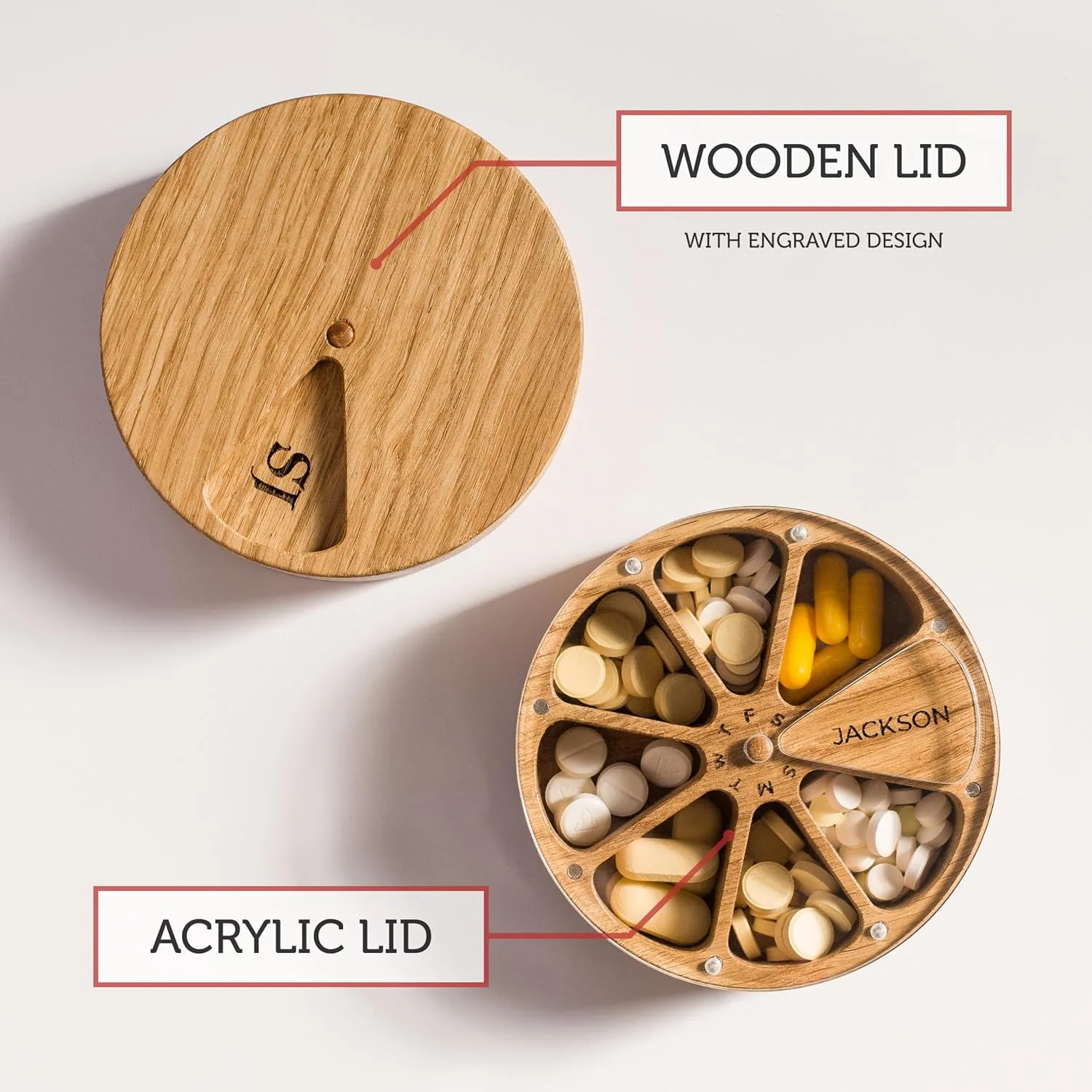 Wooden Weekly Pill Organizer, 7 Day Pill Box, Daily Pill Box Organizer, Portable Travel Pill Case with Days of The Week and Personalized Solid Wood Lid, Small Personalized Custom Gift (Acrylic Lid)