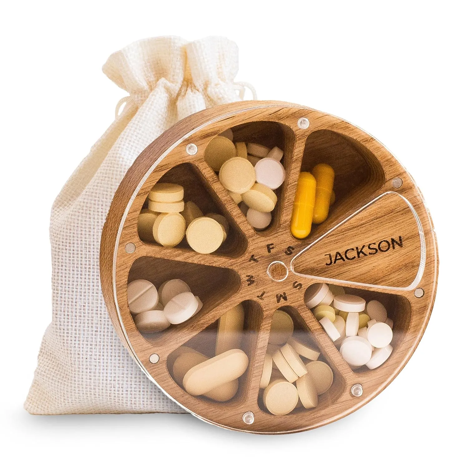 Wooden Weekly Pill Organizer, 7 Day Pill Box, Daily Pill Box Organizer, Portable Travel Pill Case with Days of The Week and Personalized Solid Wood Lid, Small Personalized Custom Gift (Acrylic Lid)