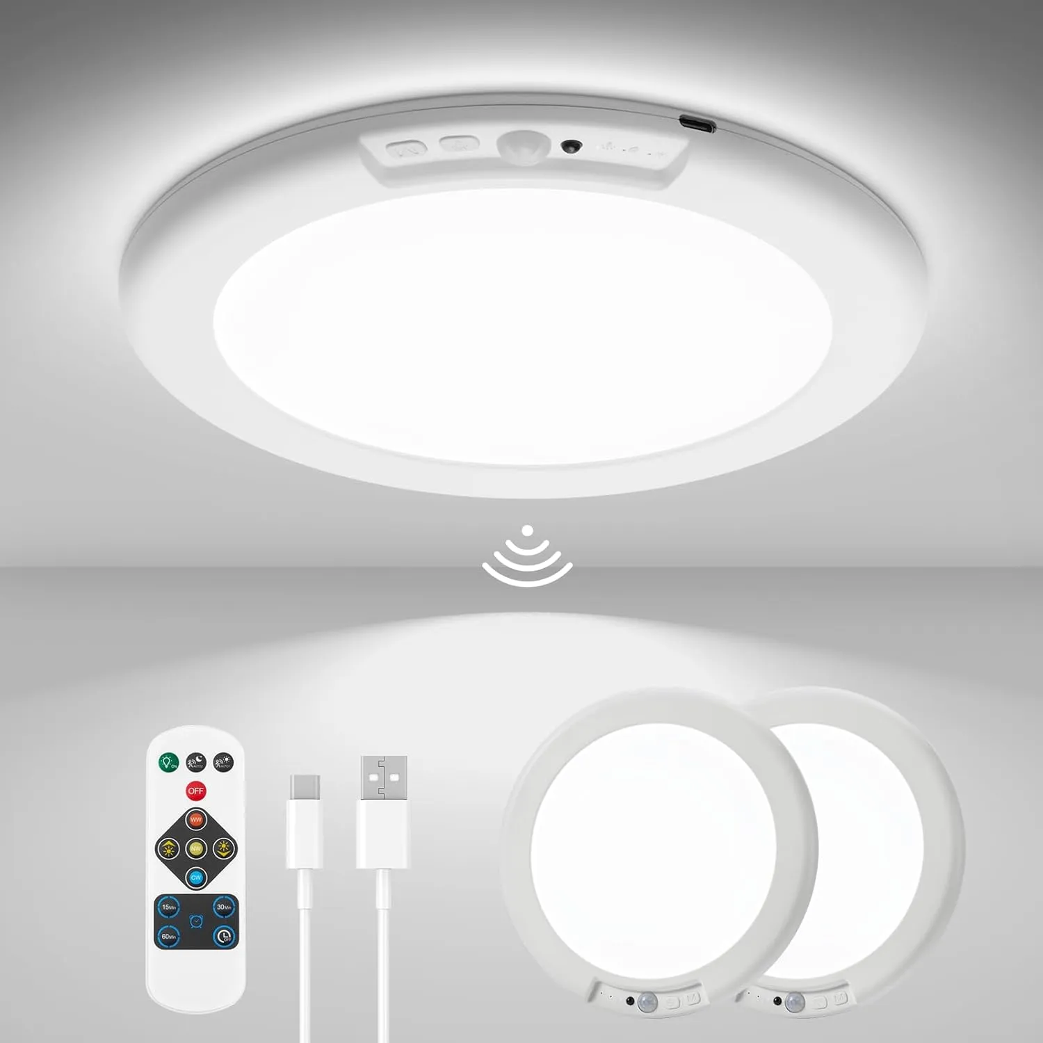 wowatt 2Pcs Battery Operated Ceiling Lights Rechargeable Motion Sensor Light Indoor Wireless Shower Light with Remote 3000K 4500K 6500K 7.48in Dimmable Timing Motion Activated Light for Closet Shower
