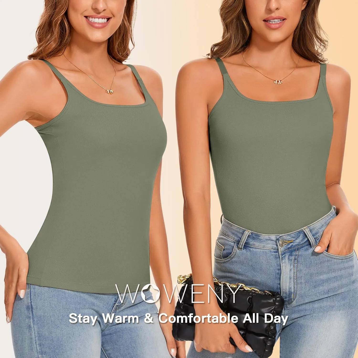 WOWENY Thermal Tank Tops for Women Adjustable Spaghetti Strap Base Layer Soft Fleece Lined Sleeveless Warm Camisole