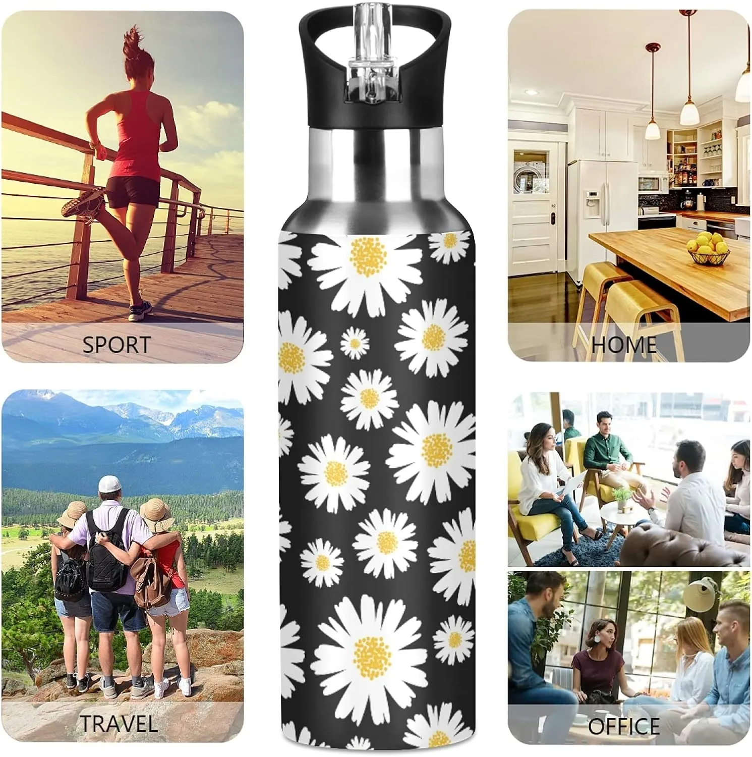 xigua Daisy Water Bottle with Straw Lid 22 oz - Vacuum Insulated Stainless Steel Water Bottles Leakproof Water Flask for Fitness Sports Outdoor