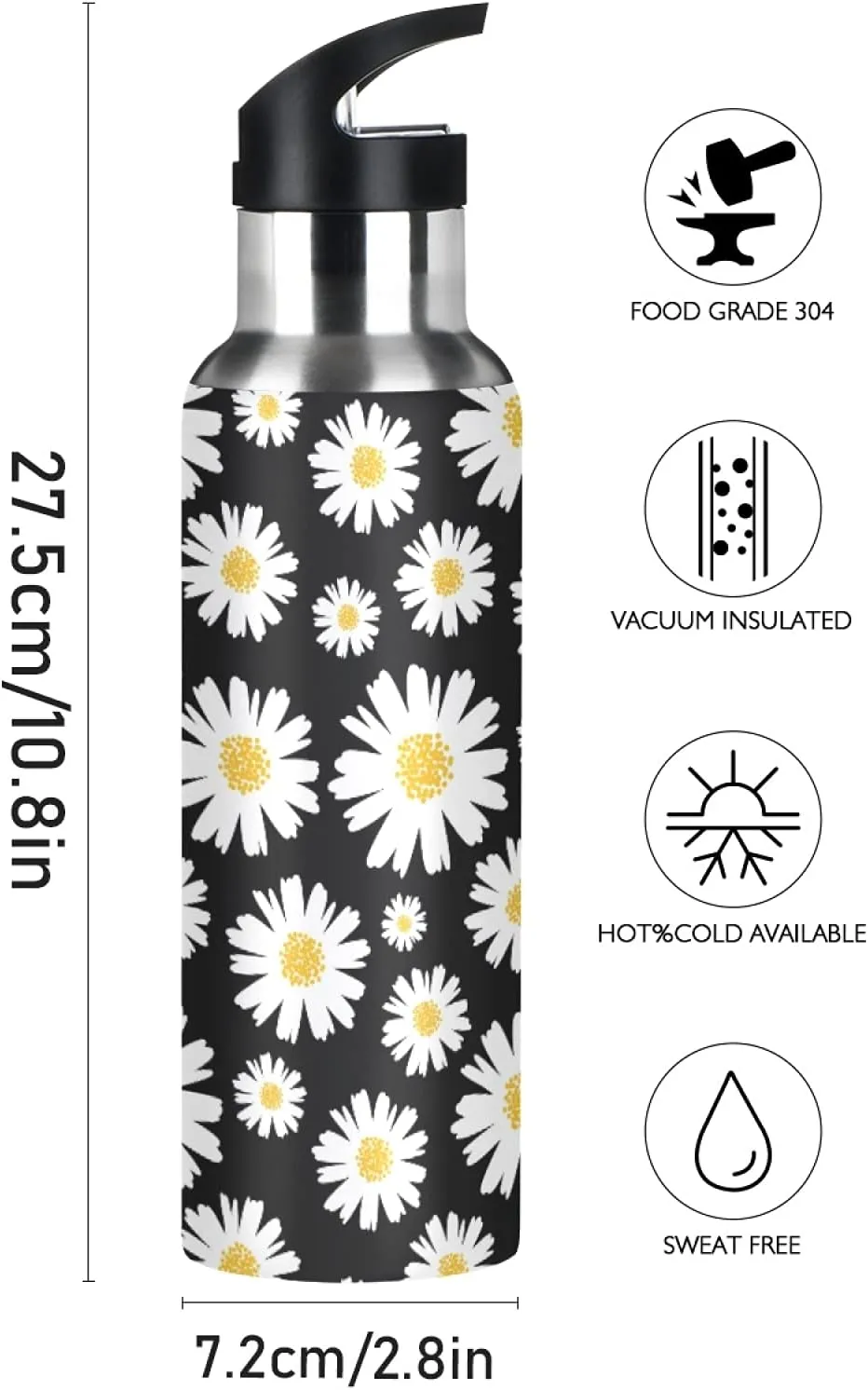 xigua Daisy Water Bottle with Straw Lid 22 oz - Vacuum Insulated Stainless Steel Water Bottles Leakproof Water Flask for Fitness Sports Outdoor