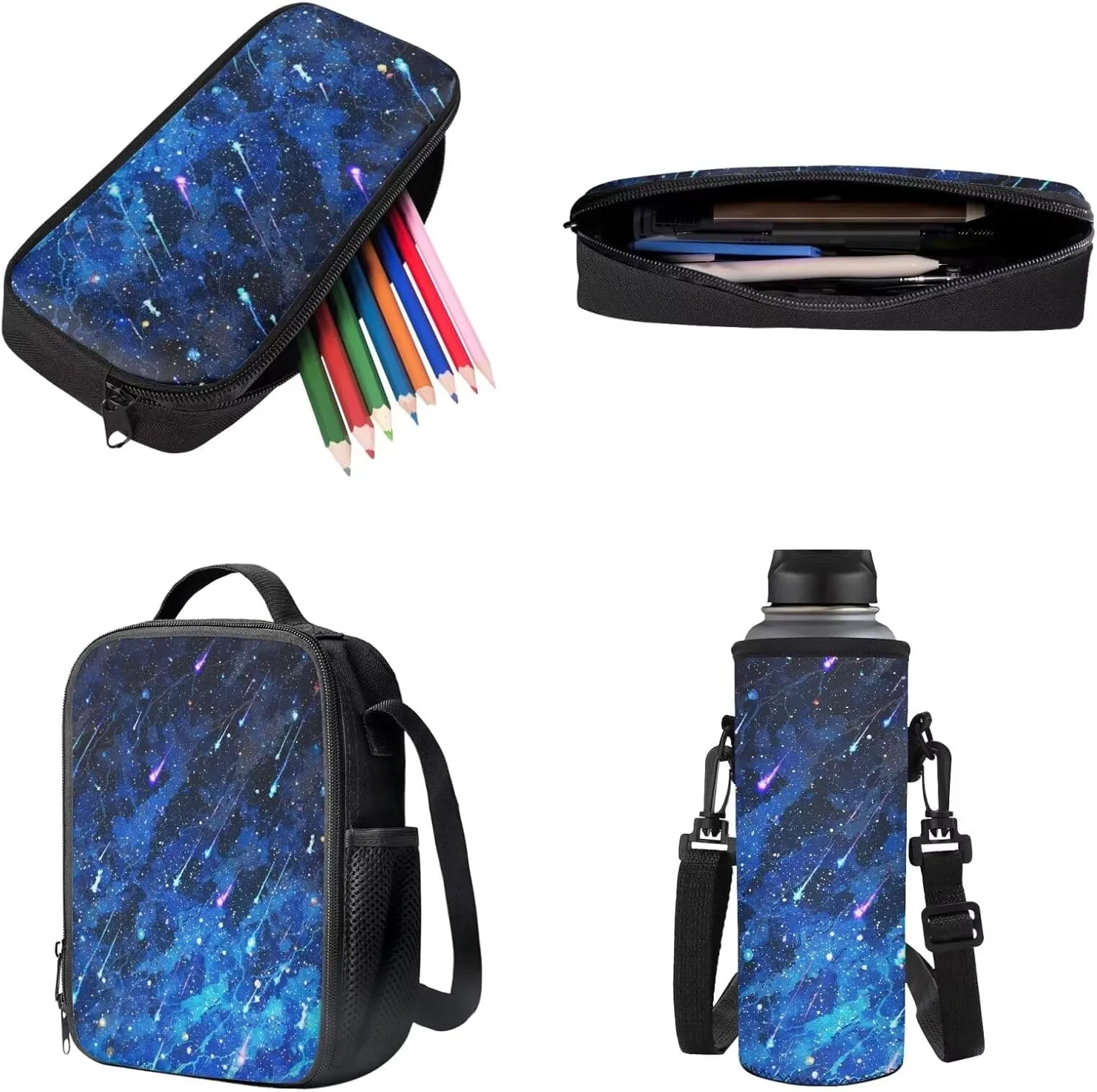 Xoenoiee Meteor Shower Pattern 17" Backpack Set with Lunch Bag, Pen Case, and Water Bottle Holder Kids Students Large Capacity Bag Set for School