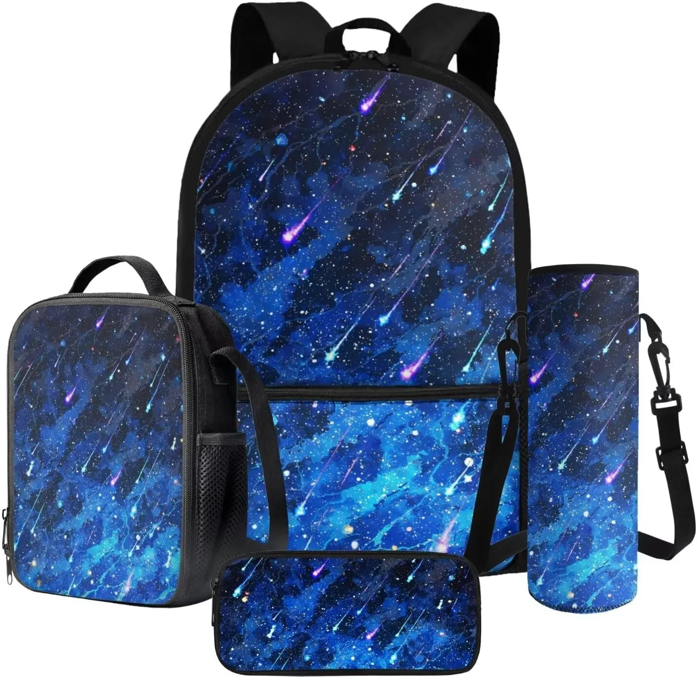 Xoenoiee Meteor Shower Pattern 17" Backpack Set with Lunch Bag, Pen Case, and Water Bottle Holder Kids Students Large Capacity Bag Set for School