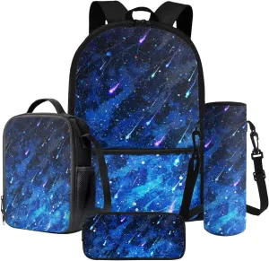 Xoenoiee Meteor Shower Pattern 17" Backpack Set with Lunch Bag, Pen Case, and Water Bottle Holder Kids Students Large Capacity Bag Set for School