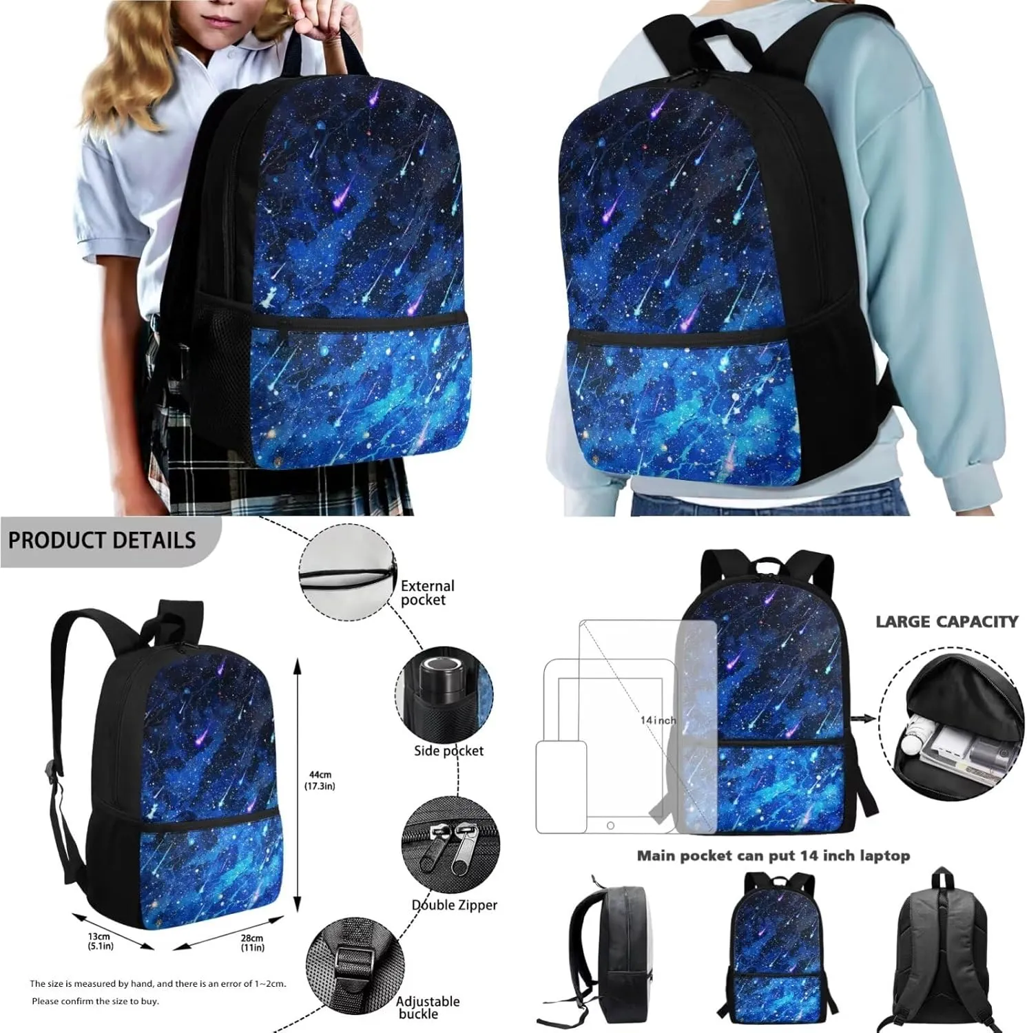 Xoenoiee Meteor Shower Pattern 17" Backpack Set with Lunch Bag, Pen Case, and Water Bottle Holder Kids Students Large Capacity Bag Set for School