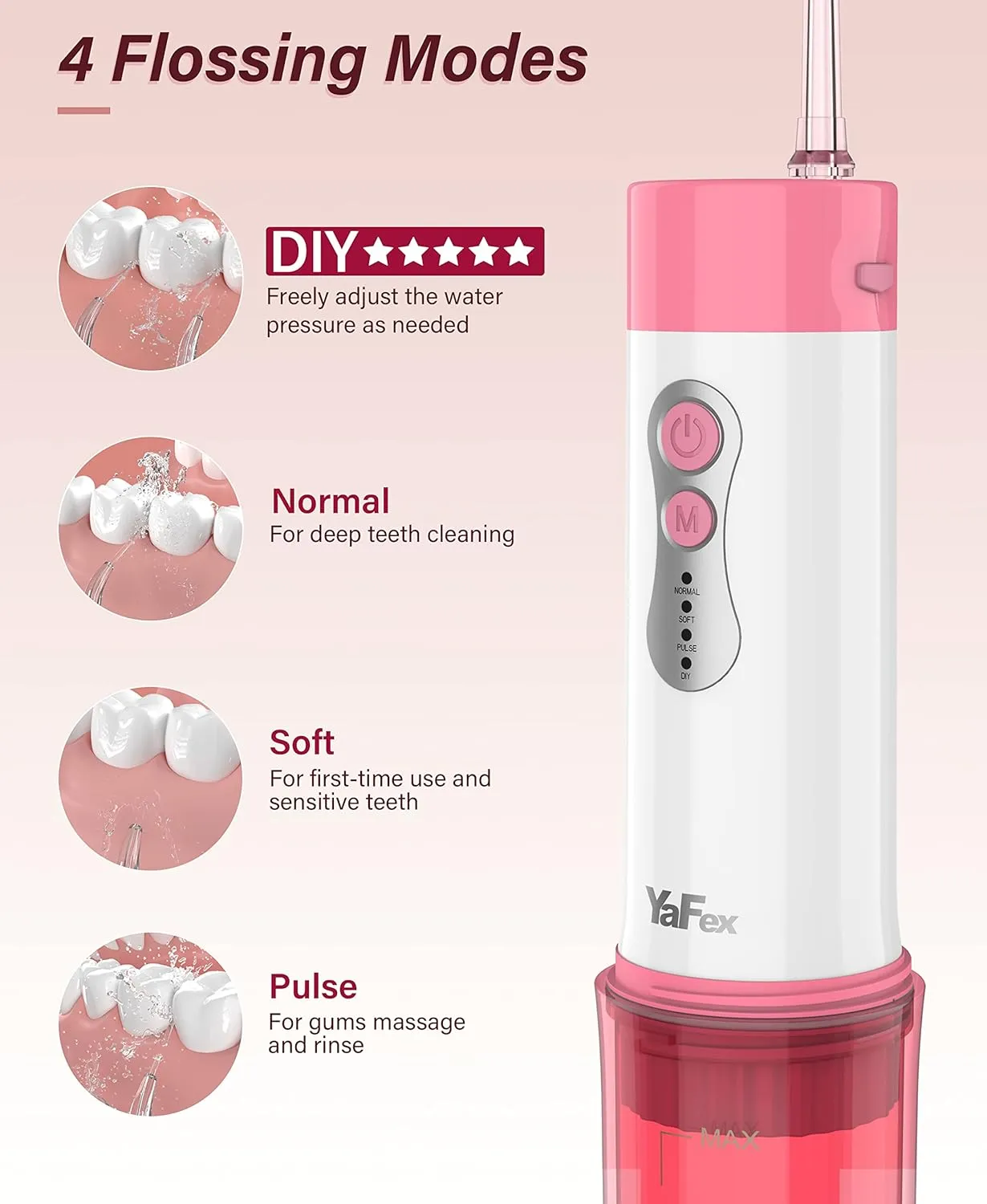 YaFex Water Dental Flosser Teeth Pick - Cordless Portable Oral Irrigator Rechargeable Collapsible Mini Irrigation Cleaner, 4 Modes, with DIY, IPX7 Waterproof Travel Floss for Teeth Cleaning (Pink)