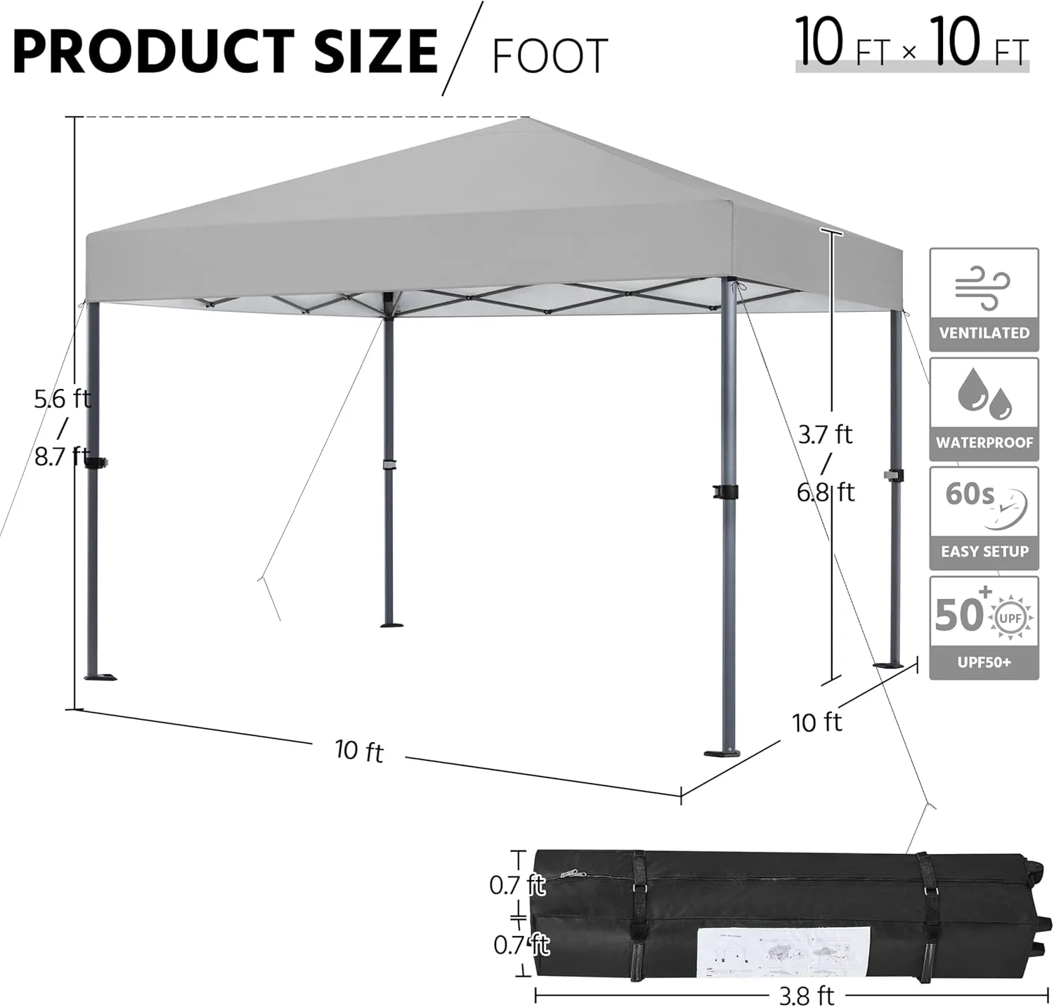 Yaheetech 10x10 1-Person Setup Pop Up Canopy Tent, Instant Portable Commercial Canopy Tent, Outdoor Gazebo with 1-Button Push, Wheeled Bag & 4 Sandbags for Home, Party & Outdoor Activities, Light Gray