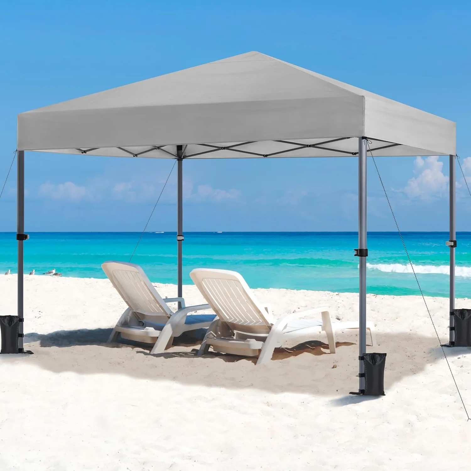 Yaheetech 10x10 1-Person Setup Pop Up Canopy Tent, Instant Portable Commercial Canopy Tent, Outdoor Gazebo with 1-Button Push, Wheeled Bag & 4 Sandbags for Home, Party & Outdoor Activities, Light Gray