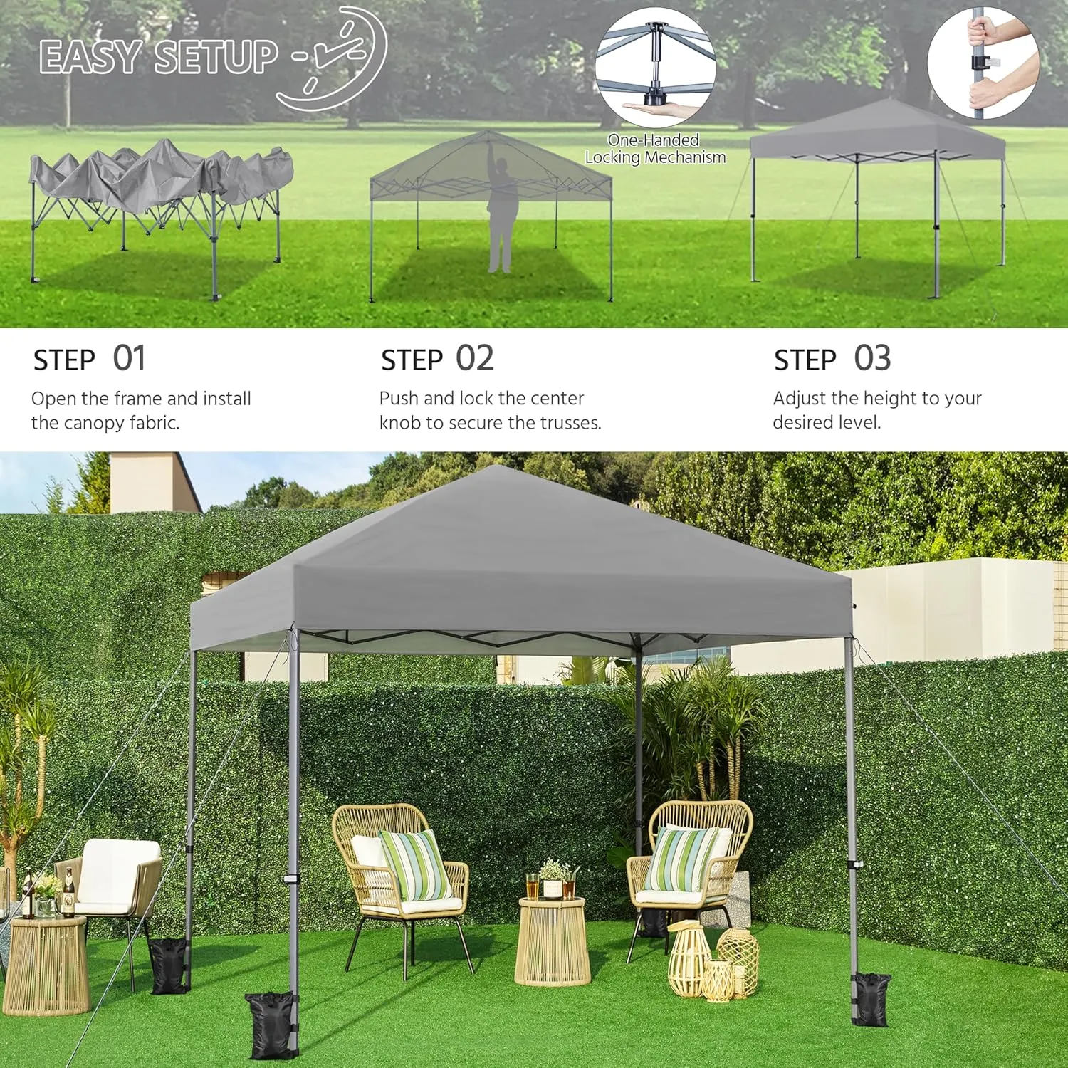 Yaheetech 10x10 1-Person Setup Pop Up Canopy Tent, Instant Portable Commercial Canopy Tent, Outdoor Gazebo with 1-Button Push, Wheeled Bag & 4 Sandbags for Home, Party & Outdoor Activities, Light Gray