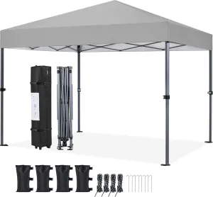 Yaheetech 10x10 1-Person Setup Pop Up Canopy Tent, Instant Portable Commercial Canopy Tent, Outdoor Gazebo with 1-Button Push, Wheeled Bag & 4 Sandbags for Home, Party & Outdoor Activities, Light Gray
