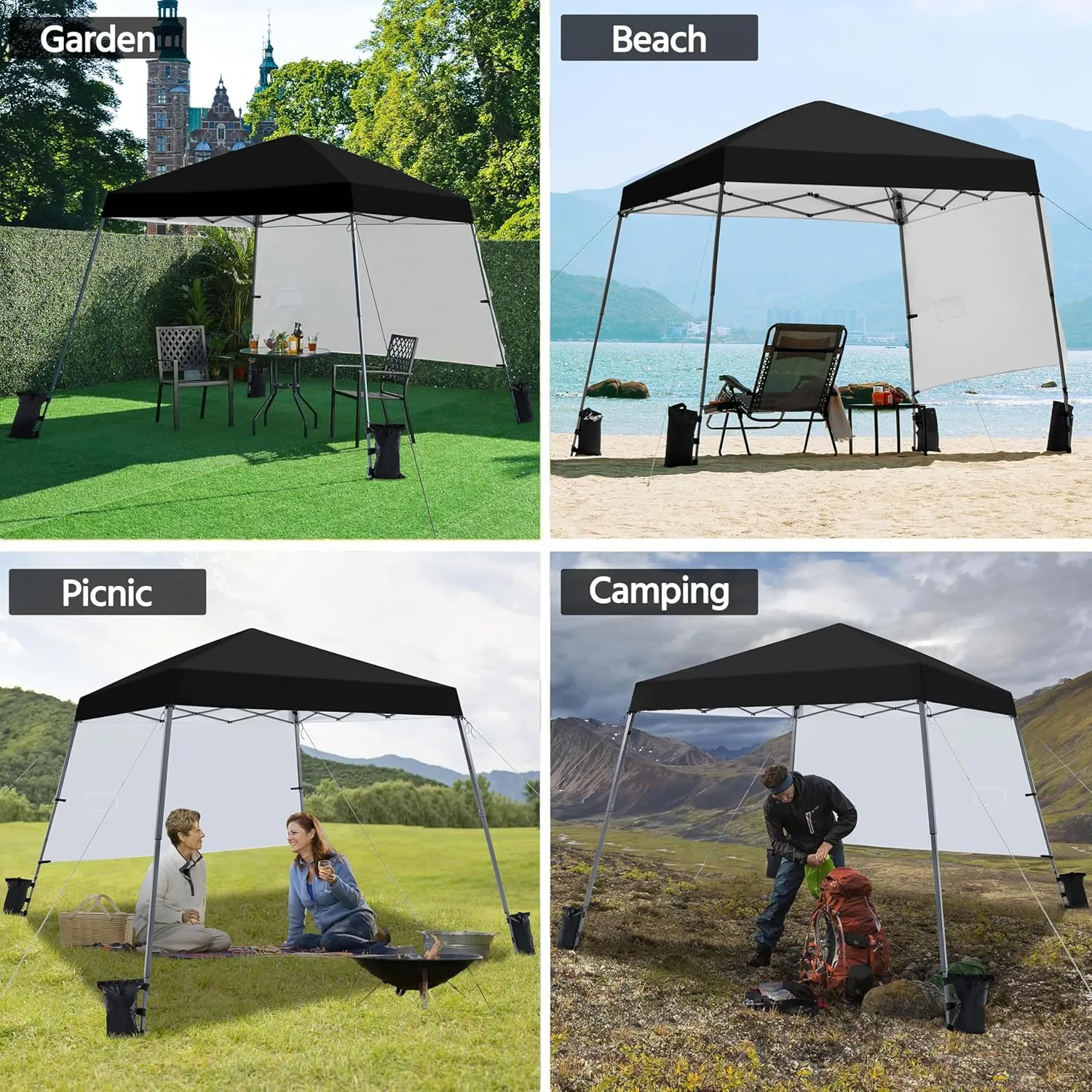 Yaheetech Pop Up Canopy Tent with Backpack, 10x10 Base Portable Easy One Person Setup Folding Shelter Compact Lightweight Slant Leg Canopy with 1 Sidewall, 8x8 Top, Black
