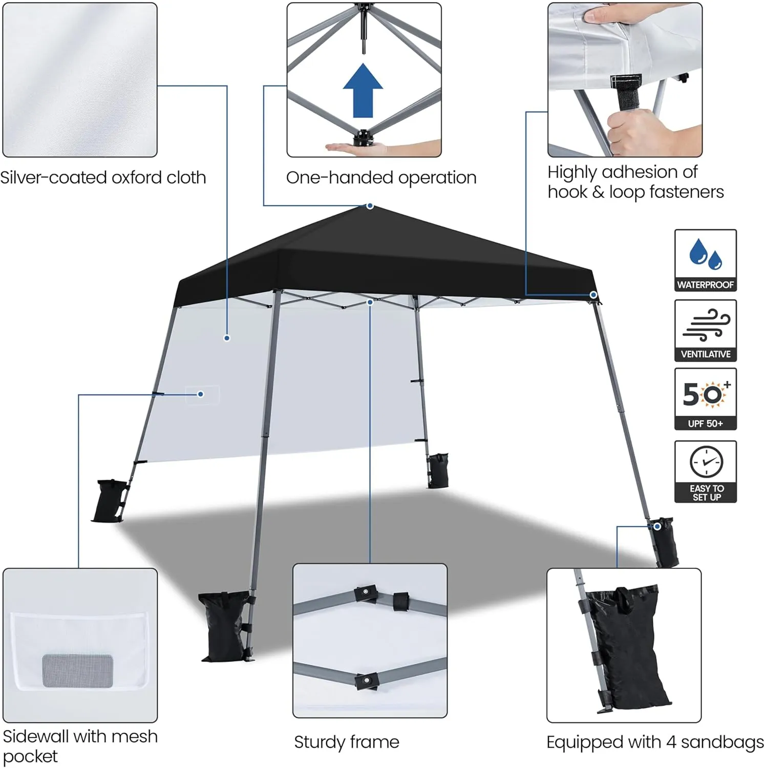Yaheetech Pop Up Canopy Tent with Backpack, 10x10 Base Portable Easy One Person Setup Folding Shelter Compact Lightweight Slant Leg Canopy with 1 Sidewall, 8x8 Top, Black