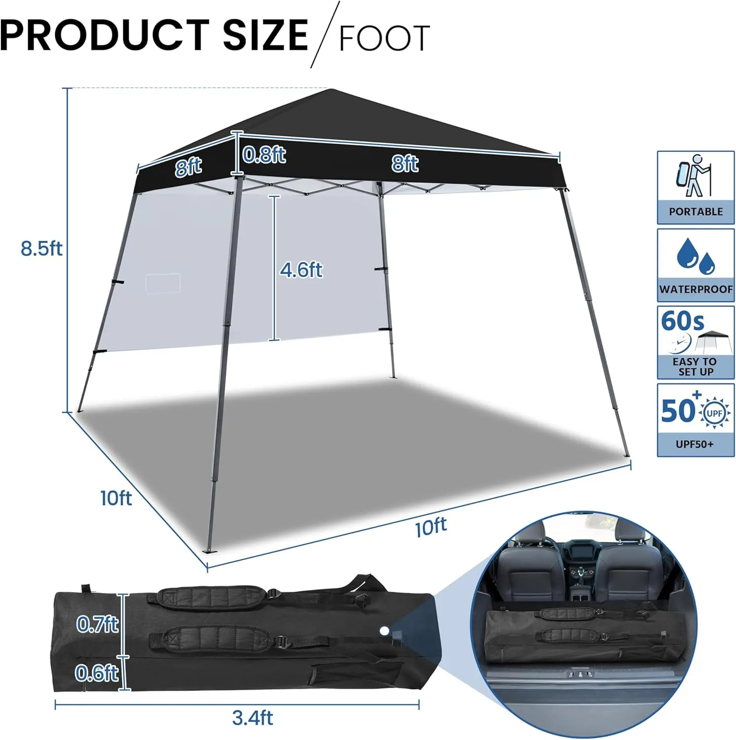 Yaheetech Pop Up Canopy Tent with Backpack, 10x10 Base Portable Easy One Person Setup Folding Shelter Compact Lightweight Slant Leg Canopy with 1 Sidewall, 8x8 Top, Black
