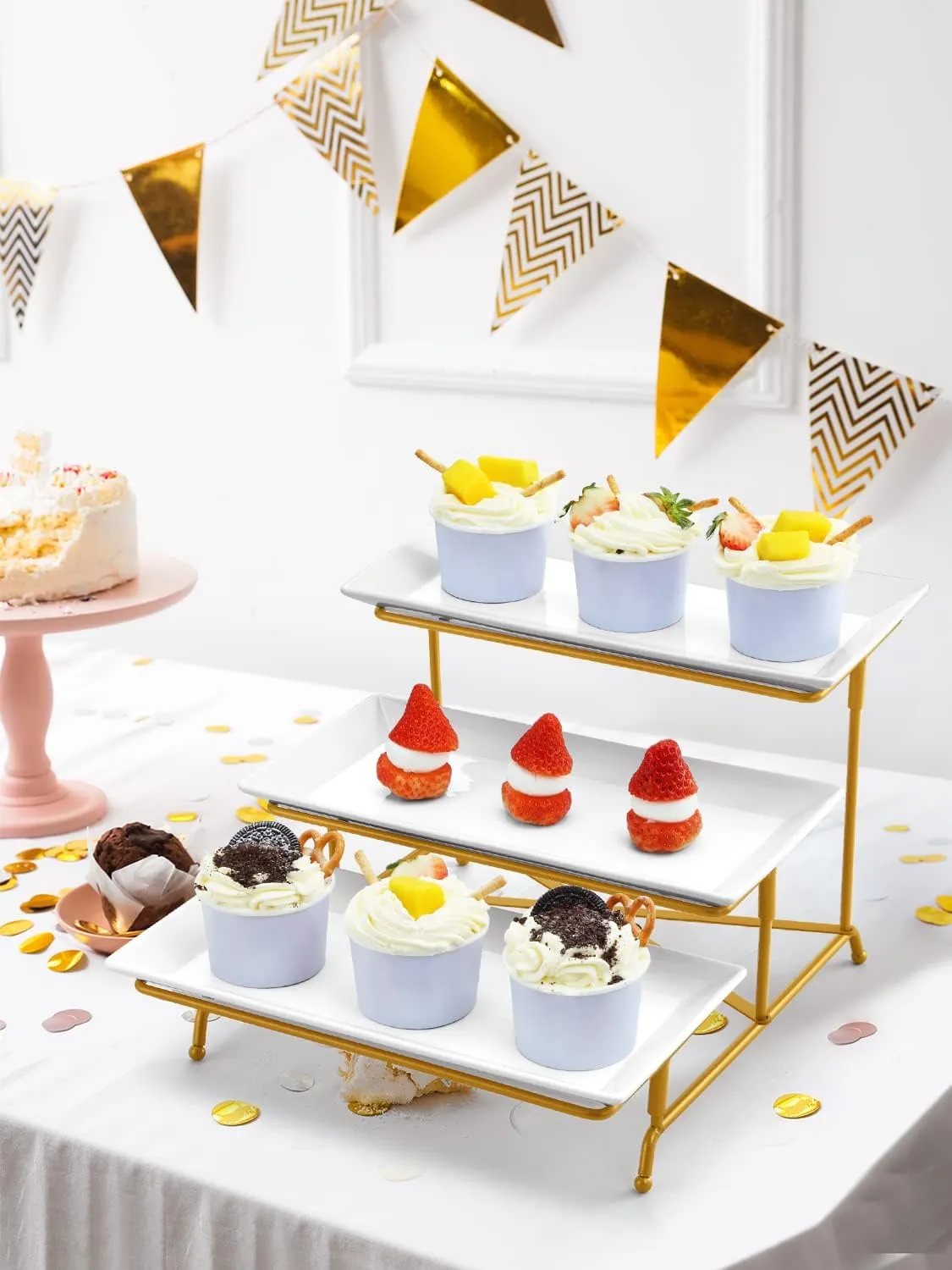 Yedio 3 Tier Serving Tray Set Porcelain Tiered Serving Platters, Collapsible Sturdier Stand with Stable Cross Bars, 12 Inch Three Layer Serving for Party Entertaining Food Display Fruit Dessert