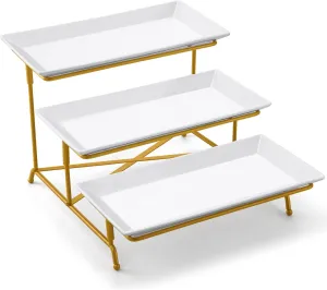 Yedio 3 Tier Serving Tray Set Porcelain Tiered Serving Platters, Collapsible Sturdier Stand with Stable Cross Bars, 12 Inch Three Layer Serving for Party Entertaining Food Display Fruit Dessert