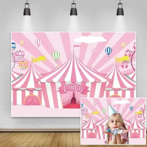 Yeele 10x6.5ft Pink White Circus Tents Backdrop Carnival Carousel Hot Airballoons Photography Background for Girls Newborn Baby Shower Princess Birthday Party Decorations Cake Table Banner Photo Props