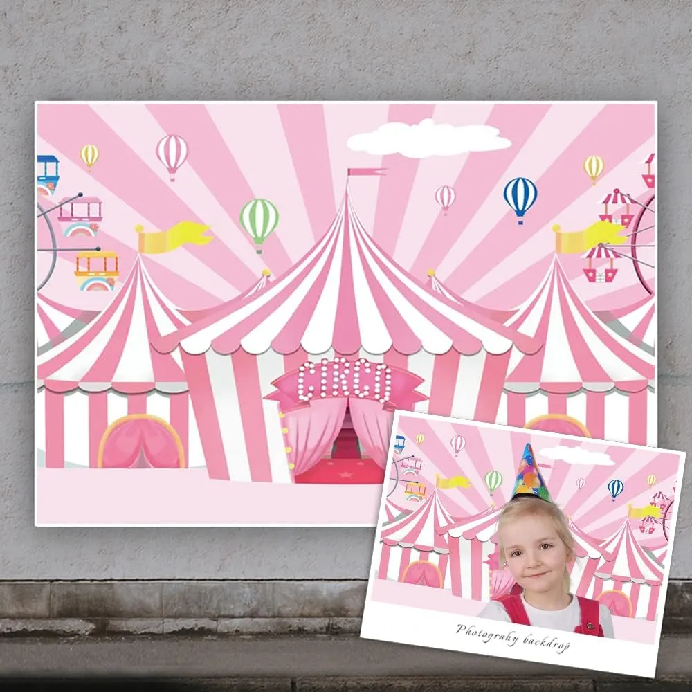 Yeele 10x6.5ft Pink White Circus Tents Backdrop Carnival Carousel Hot Airballoons Photography Background for Girls Newborn Baby Shower Princess Birthday Party Decorations Cake Table Banner Photo Props