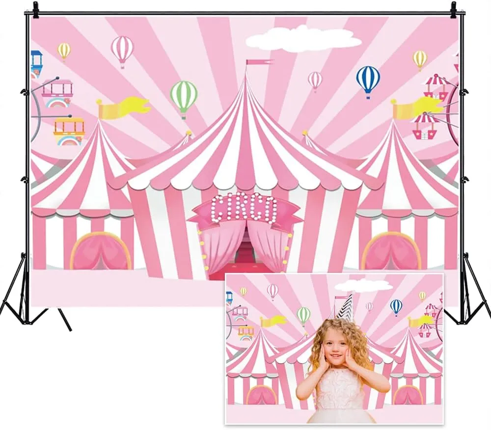 Yeele 10x6.5ft Pink White Circus Tents Backdrop Carnival Carousel Hot Airballoons Photography Background for Girls Newborn Baby Shower Princess Birthday Party Decorations Cake Table Banner Photo Props