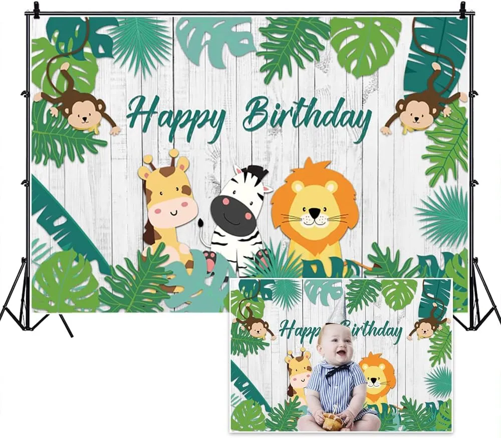 Yeele 7x5ft Safari Animals Happy Birthday Backdrop Jungle Wildlife Tropical Green Leaves Rustic Wooden Photography Background for Kids Birthday Party Decorations Cake Table Banner Supplies Vinyl