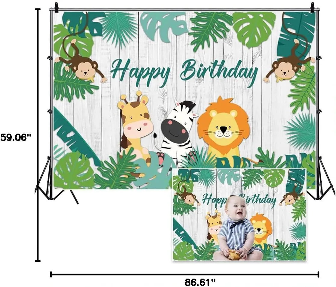Yeele 7x5ft Safari Animals Happy Birthday Backdrop Jungle Wildlife Tropical Green Leaves Rustic Wooden Photography Background for Kids Birthday Party Decorations Cake Table Banner Supplies Vinyl