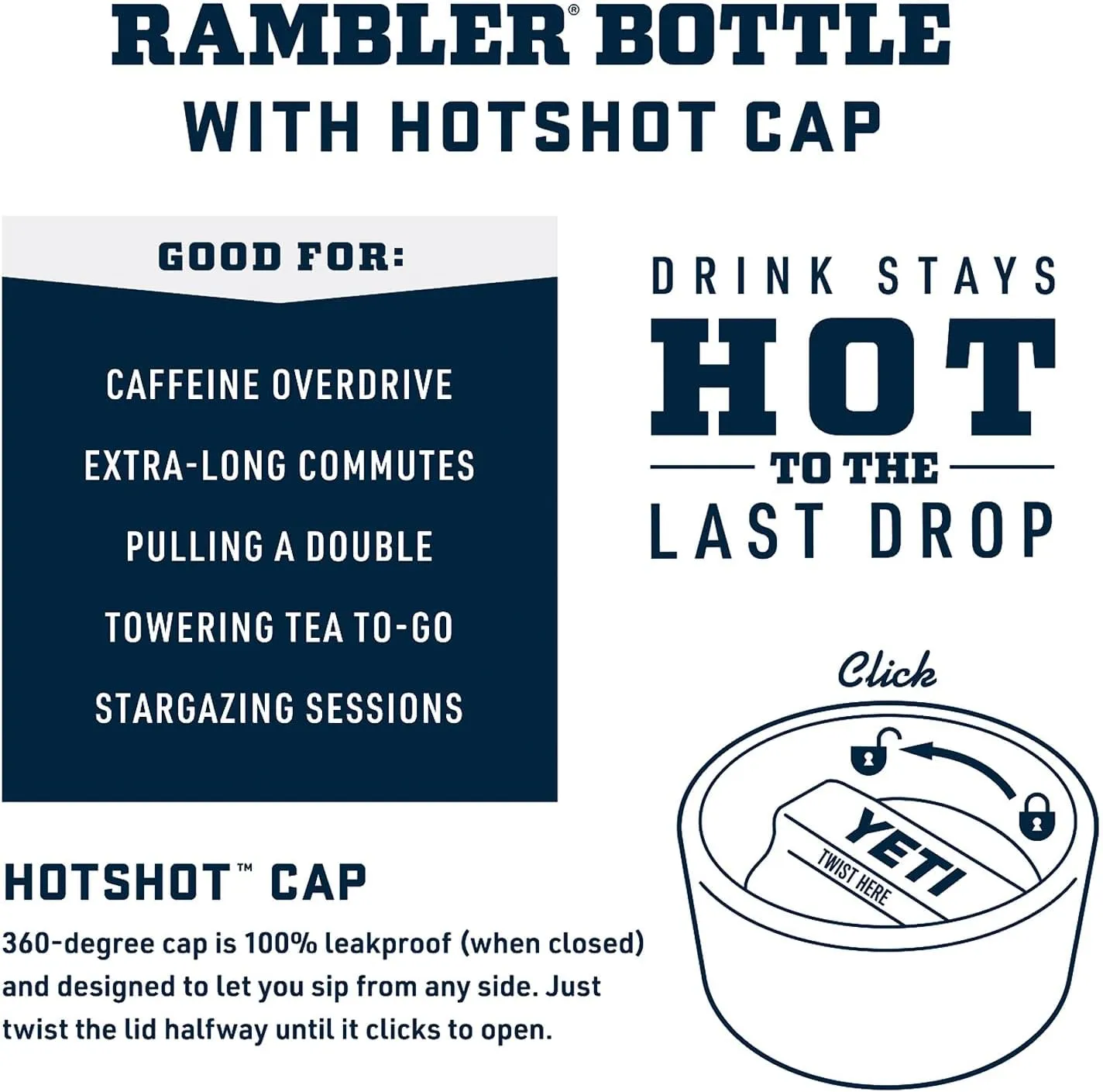 YETI Rambler 18 oz Bottle, Stainless Steel, Vacuum Insulated, with Hot Shot Cap, Big Wave Blue
