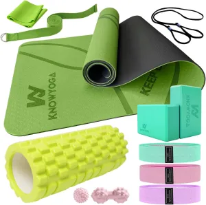 Yoga Starter Kit 12 in 1 - Set Include Mat, Foam Roller, 4 Resistance Bands, Blocks 2 Pack with Strap, 2 Peanut Massage Balls, Yoga kit and Sets for Beginners