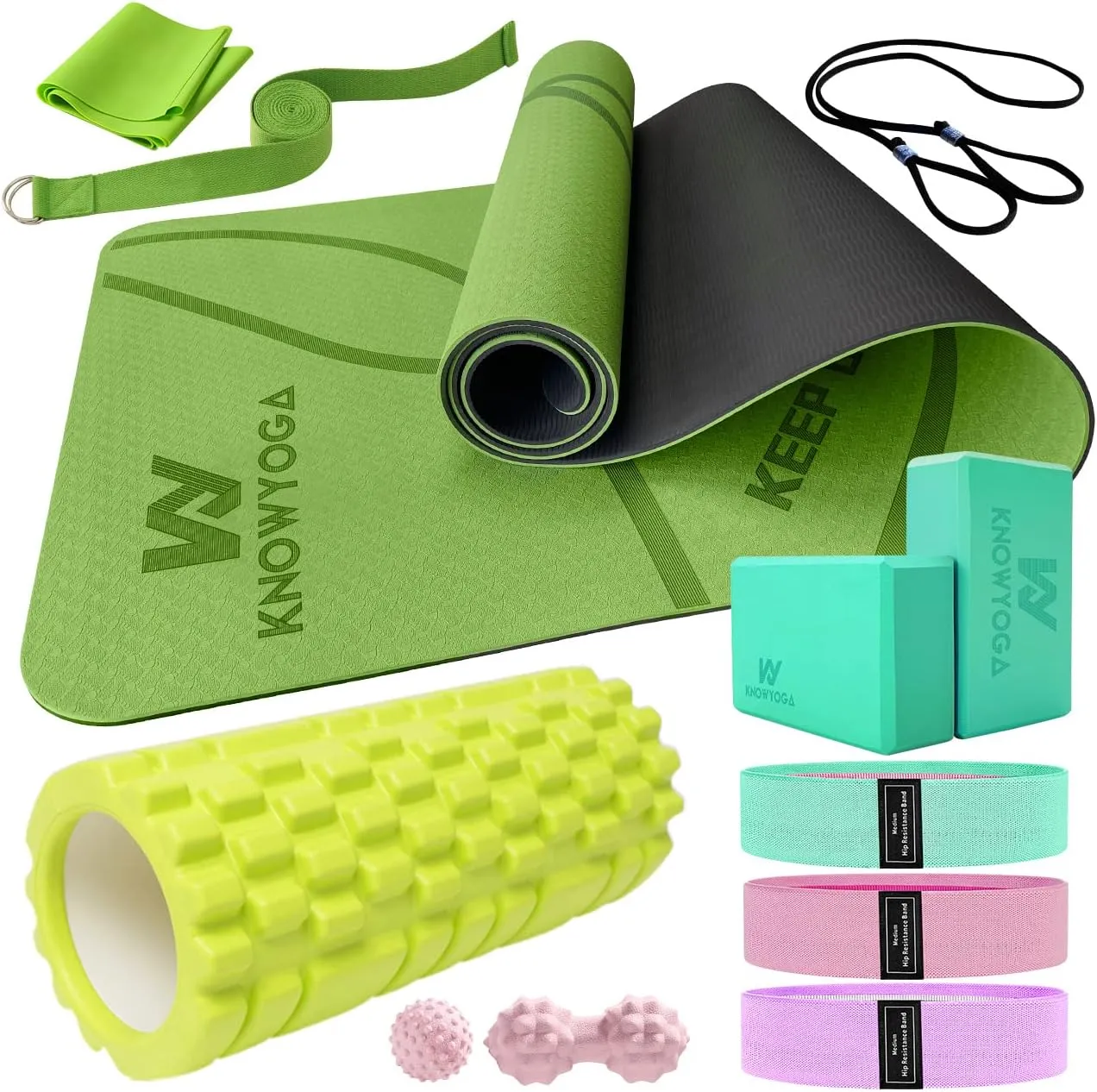 Yoga Starter Kit 12 in 1 - Set Include Mat, Foam Roller, 4 Resistance Bands, Blocks 2 Pack with Strap, 2 Peanut Massage Balls, Yoga kit and Sets for Beginners