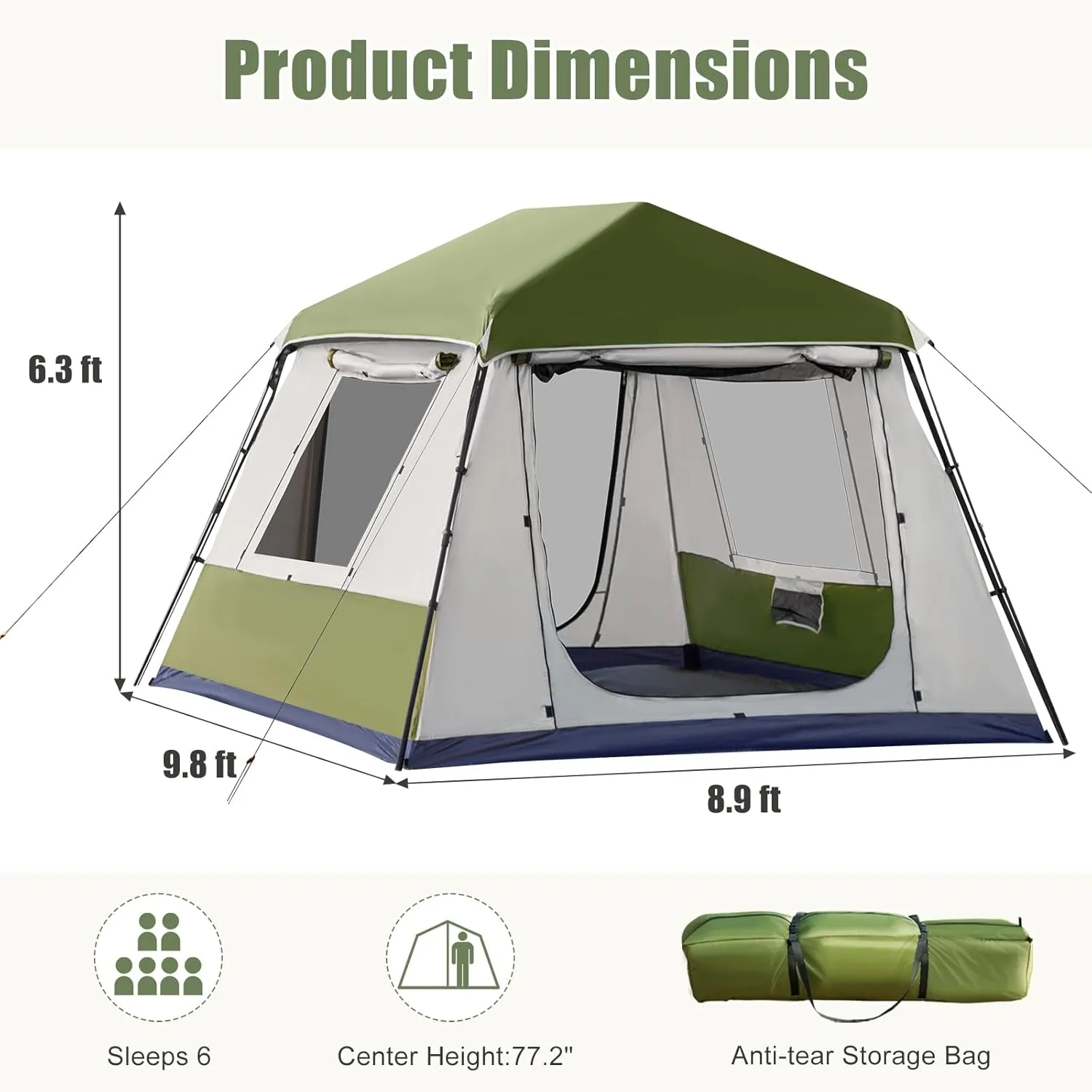 YOLENY Instant Cabin Tent 4/6/8/10 Person, Family Large Camping Tent, 60s Easy Setup with Rainfly & Waterproof Portable with Carry Bag for Family Activities, 4 Season