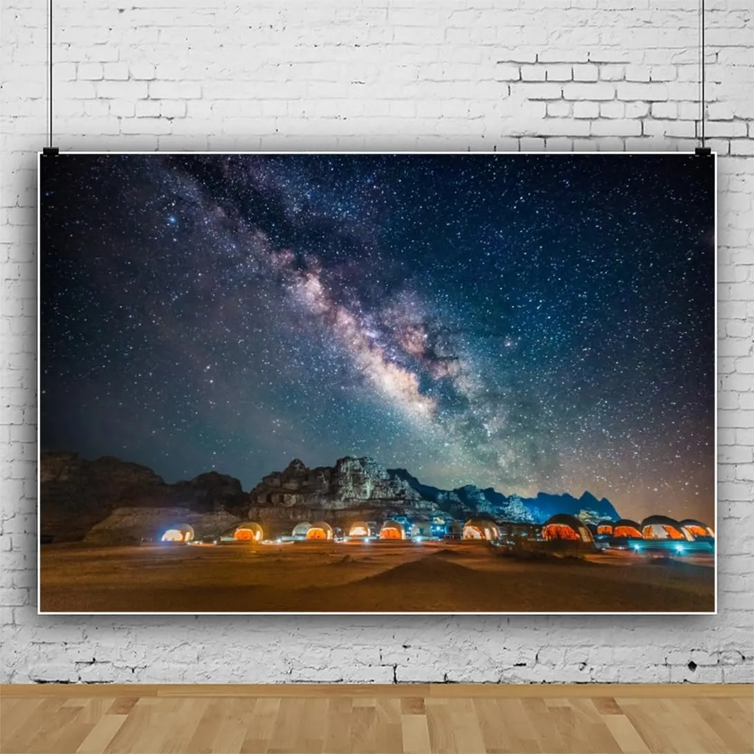 Yongfoto 10x7ft Camping Backdrops for Photography Gobi Beach Night View Stars Galaxy Camp Tents Background Kids Adults Travel Vacation Portrait Shooting YouTube Video Photo Shooting Props