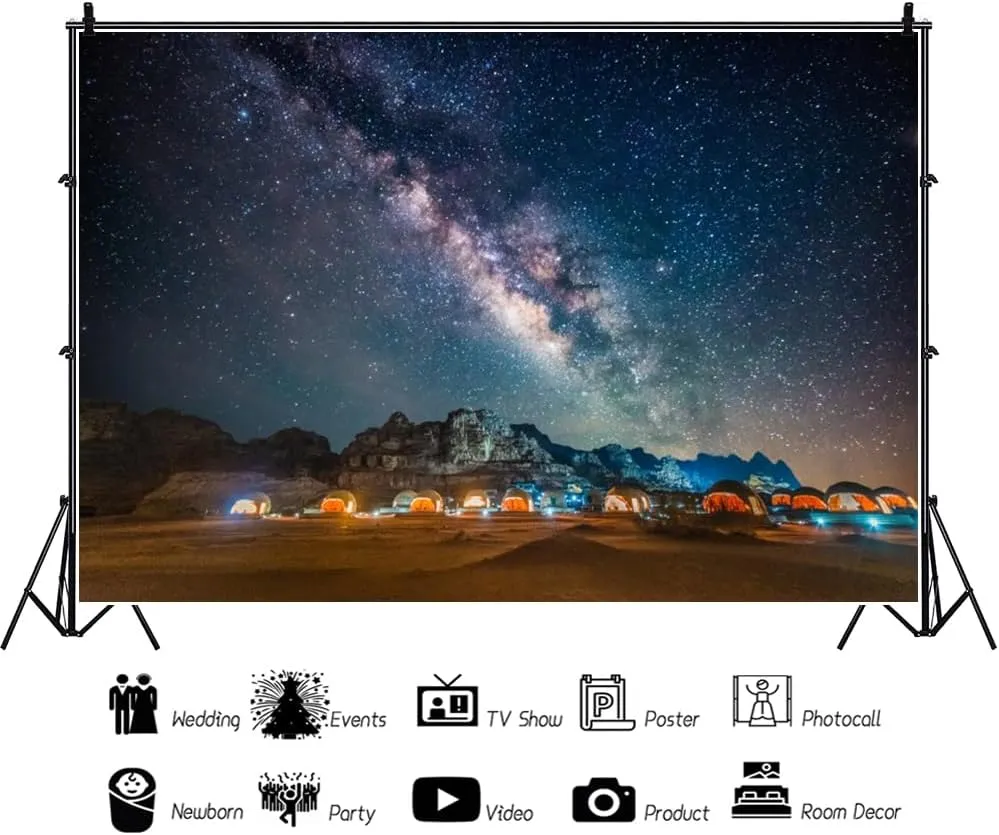 Yongfoto 10x7ft Camping Backdrops for Photography Gobi Beach Night View Stars Galaxy Camp Tents Background Kids Adults Travel Vacation Portrait Shooting YouTube Video Photo Shooting Props