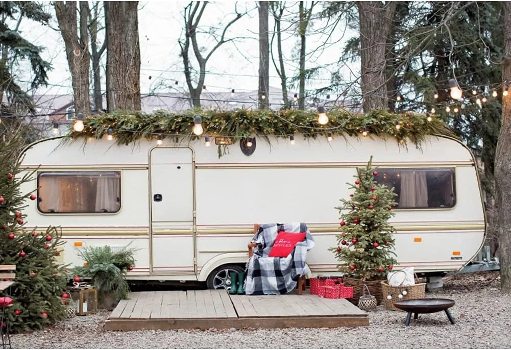YongFoto 10x8ft Christmas Backdrop Outdoor Christmas Tree RV Picnic Trip Glitter Photography Background Family New Year Xmas Party Decor Baby Shower Kids Girl Newborn Portrait Photo Props Polyester