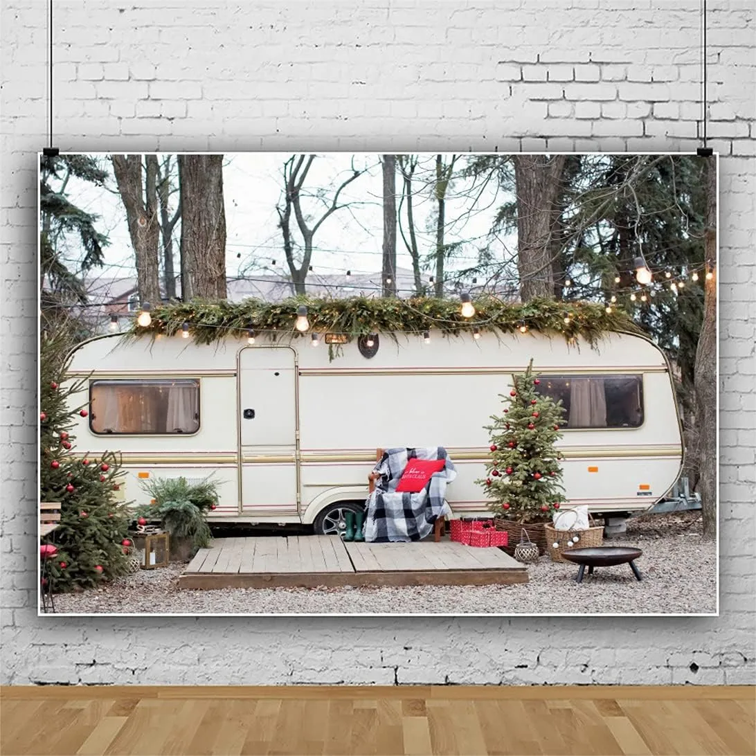 YongFoto 10x8ft Christmas Backdrop Outdoor Christmas Tree RV Picnic Trip Glitter Photography Background Family New Year Xmas Party Decor Baby Shower Kids Girl Newborn Portrait Photo Props Polyester