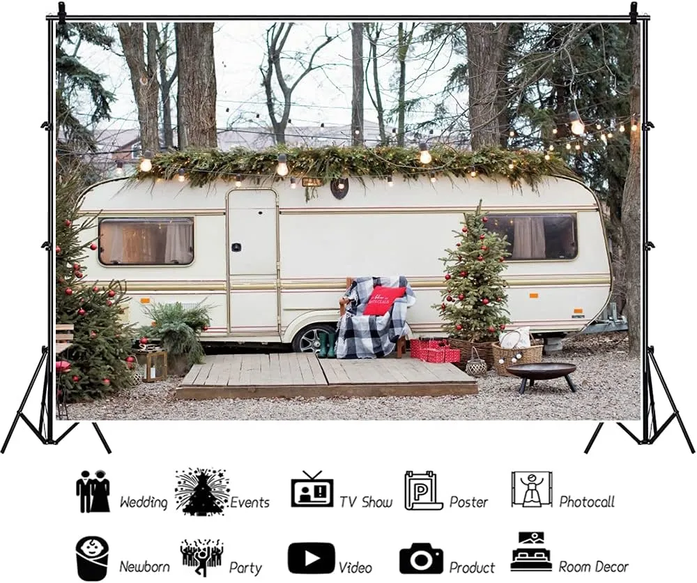YongFoto 10x8ft Christmas Backdrop Outdoor Christmas Tree RV Picnic Trip Glitter Photography Background Family New Year Xmas Party Decor Baby Shower Kids Girl Newborn Portrait Photo Props Polyester