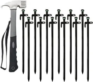 YUANQIAN Tent Stakes and Camping Hammer Set, 12pcs Heavy Duty Forged Steel Tent Stakes   Heavy Duty Camping Hammer   Storage Pouch, Available in Rocky Place Dessert Snowfield (12in*12pcs 1Hammer)
