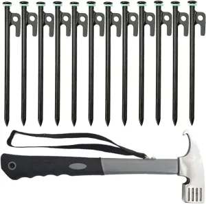 YUANQIAN Tent Stakes and Camping Hammer Set, 12pcs Heavy Duty Forged Steel Tent Stakes   Heavy Duty Camping Hammer   Storage Pouch, Available in Rocky Place Dessert Snowfield (8in*12pcs 1Hammer)