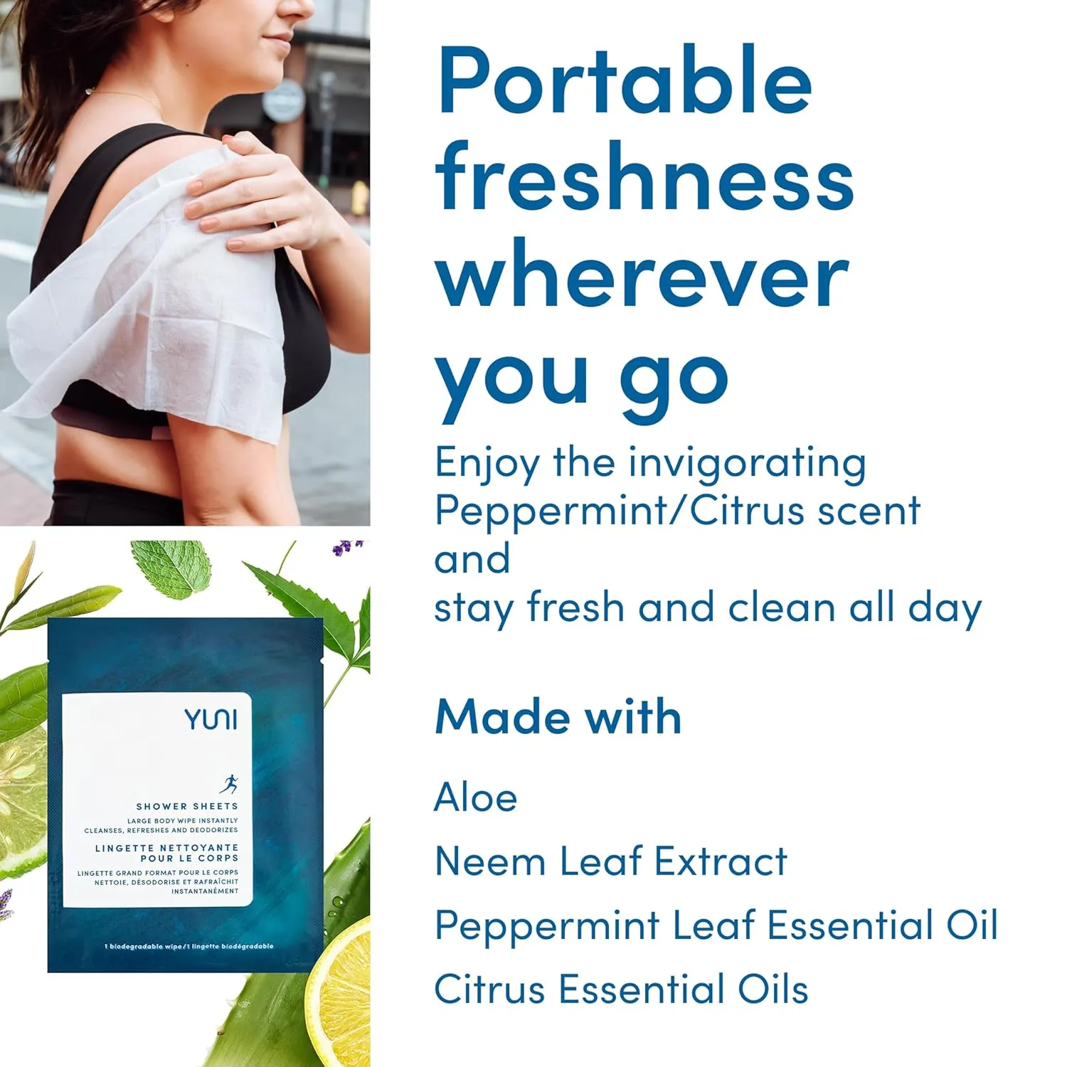 YUNI Beauty Large Body Wipes, Peppermint Citrus, 12 Count, Compostable, Biodegradable, No Rinse Body Cleanser, On-the-Go Shower Alternative