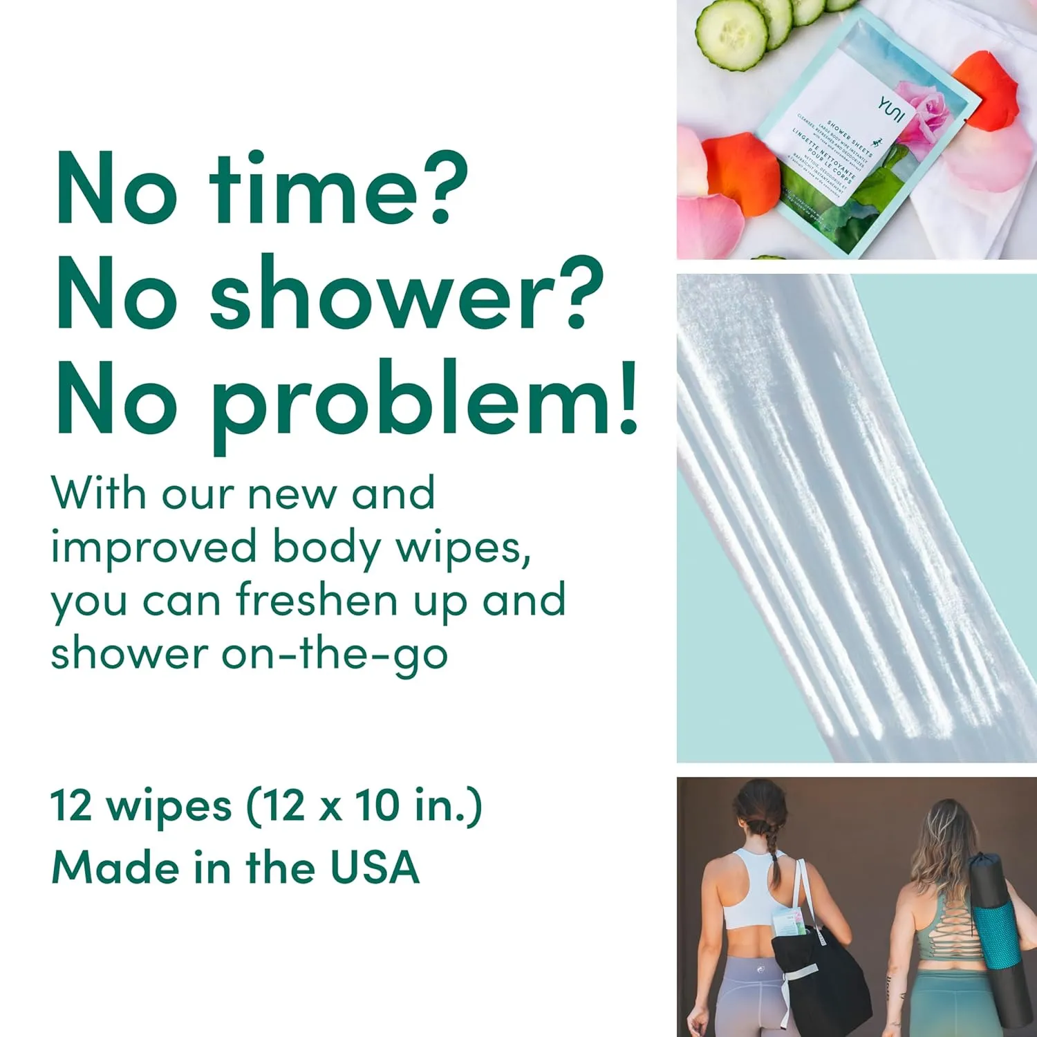YUNI Beauty Large Body Wipes (Rose Cucumber, 12 Count) Soft Moist Showerless Wipes, Cleanse & Deodorize Waterless Travel Body Cleanser, Biodegradable Individually Wrapped Body Wipes for Camping or Gym