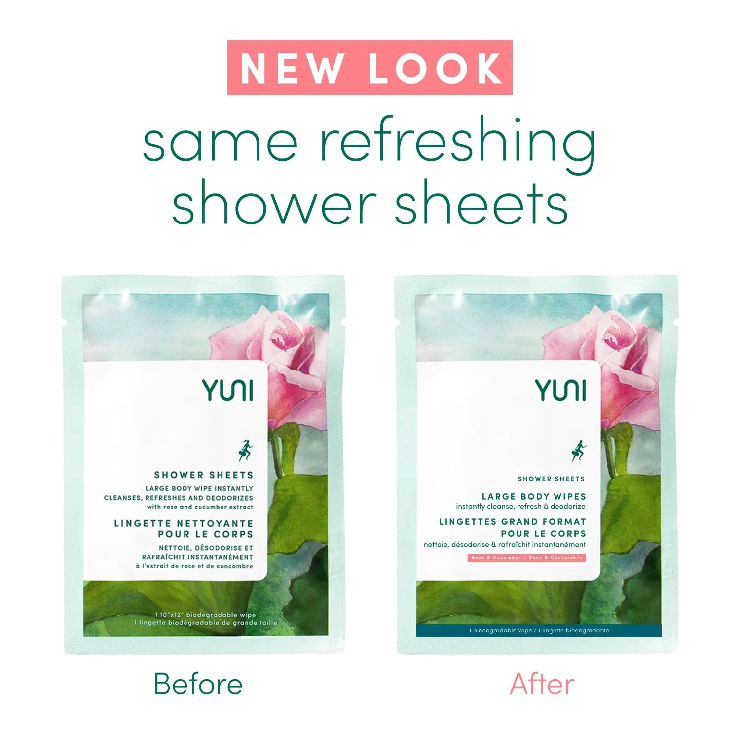 YUNI Beauty Large Body Wipes (Rose Cucumber, 12 Count) Soft Moist Showerless Wipes, Cleanse & Deodorize Waterless Travel Body Cleanser, Biodegradable Individually Wrapped Body Wipes for Camping or Gym