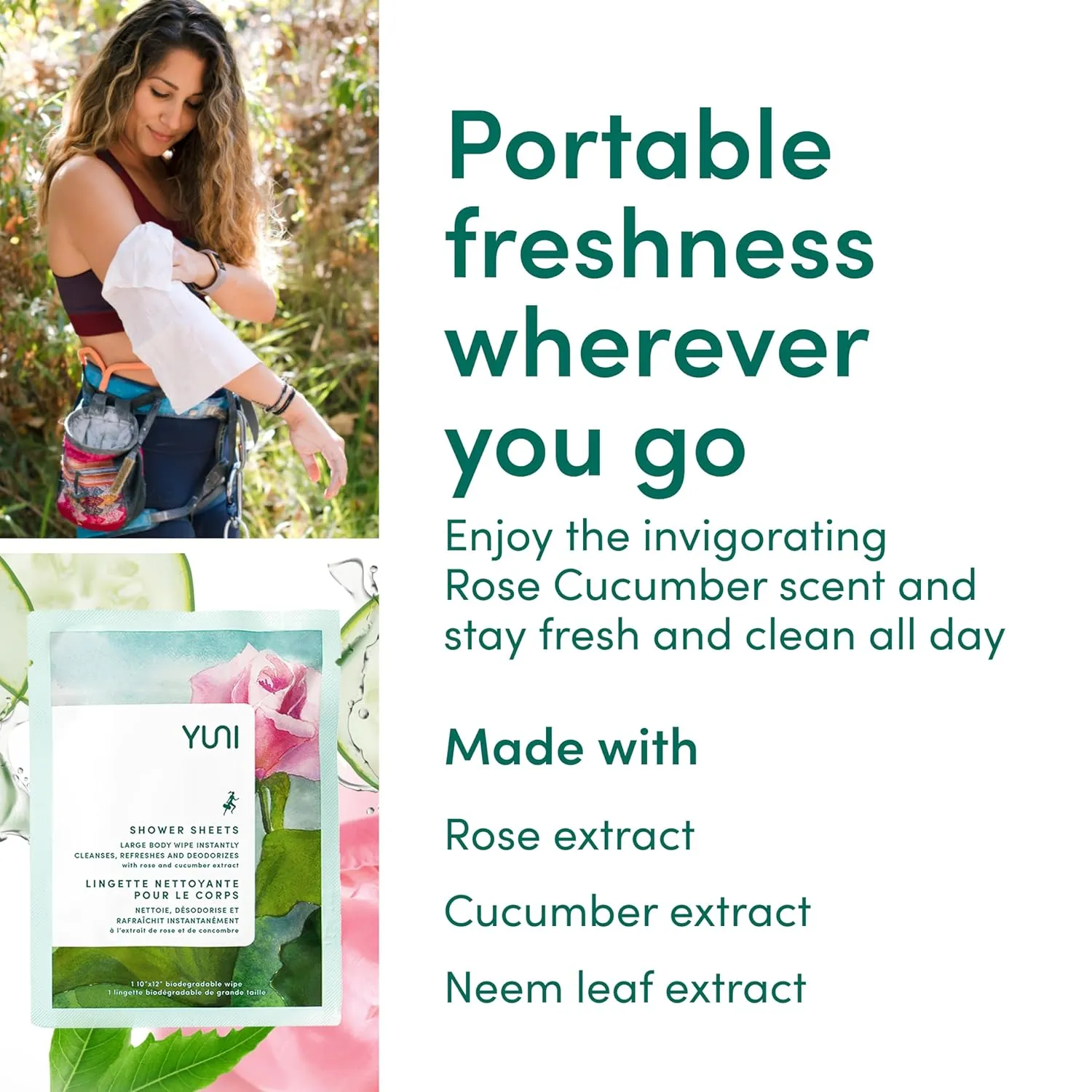 YUNI Beauty Large Body Wipes (Rose Cucumber, 12 Count) Soft Moist Showerless Wipes, Cleanse & Deodorize Waterless Travel Body Cleanser, Biodegradable Individually Wrapped Body Wipes for Camping or Gym