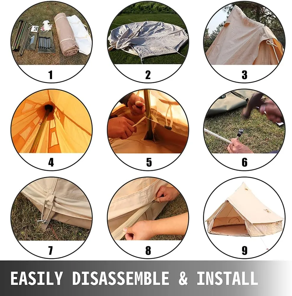 Yurt Tents Bell Tent Oxford Cloth 4-Season Pyramid Tent Family Teepee Camping Tent with Stove Hole for Outdoor Hunting Glamping