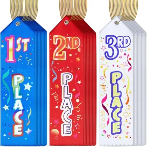 Zeyune 36 Pcs Award Ribbons 1st, 2nd, 3rd Place with Event Card and Rope 1st Place Blue Red White Prizes Ribbons for Kids Competition Sports Event School Contests