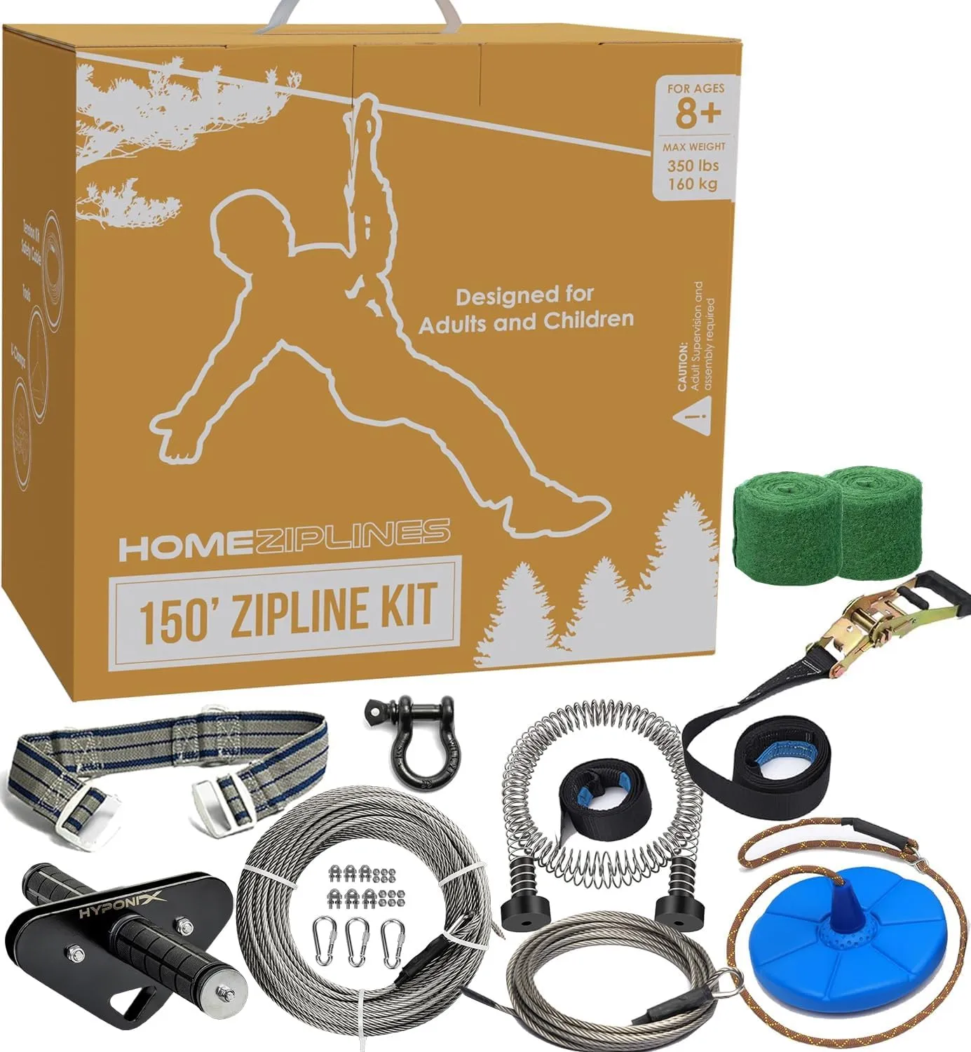 Zip Line for Kids and Adults, 150/100/200 Ft Backyard Zipline Kit, Quick Setup, 350 Lb Capacity, Rustproof Stainless Steel Cable, Safety Harness, Smooth Spring Brake, Comfortable Cushioned Seat