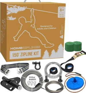 Zip Line for Kids and Adults, 150/100/200 Ft Backyard Zipline Kit, Quick Setup, 350 Lb Capacity, Rustproof Stainless Steel Cable, Safety Harness, Smooth Spring Brake, Comfortable Cushioned Seat