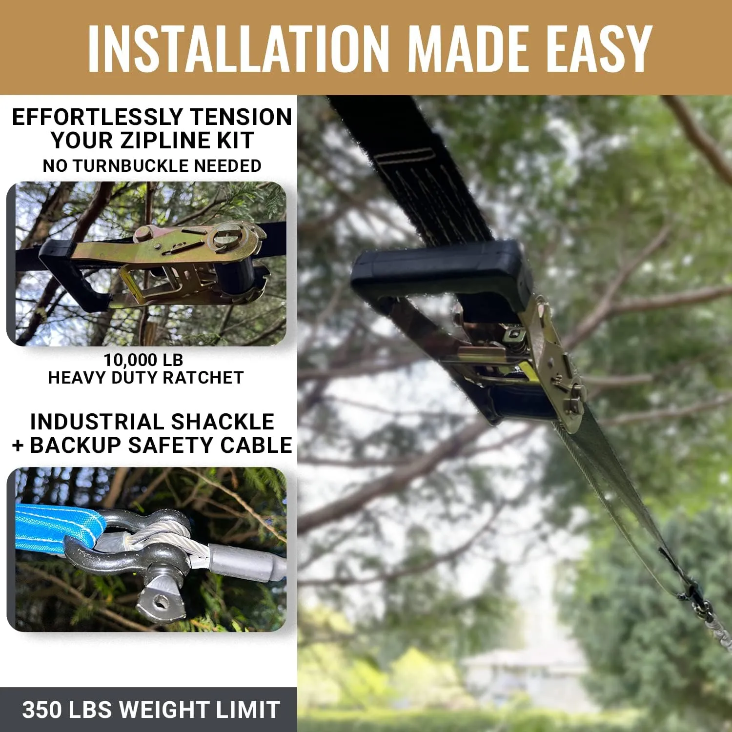 Zip Line for Kids and Adults up to 350 lbs, 100/150/200 Ft Backyard Zipline Kit with Safety Harness, Quick Setup, Spring Brake System, Cushioned Seat, Rustproof Stainless Steel Cable