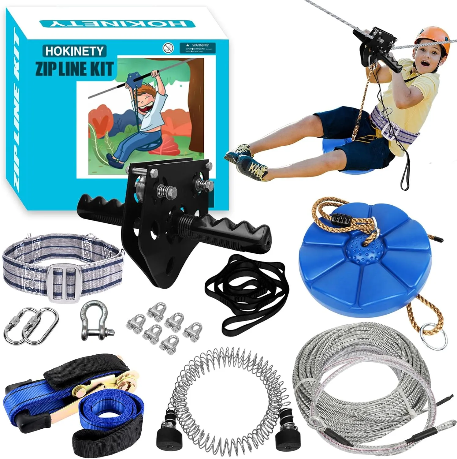 Zip Line Kit for Kids Adults : 100FT Up to 450Lbs - Quick Tighten Zipline for Backyard Outdoor with 100% Rust Proof Removable Trolley Seat Spring Brake