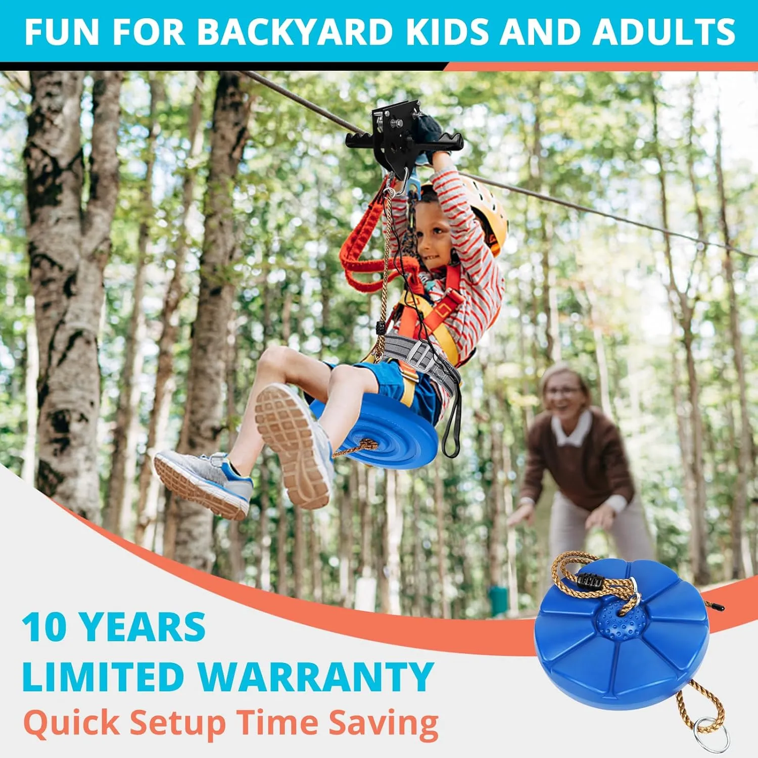 Zip Line Kit for Kids Adults : 100FT Up to 450Lbs - Quick Tighten Zipline for Backyard Outdoor with 100% Rust Proof Removable Trolley Seat Spring Brake