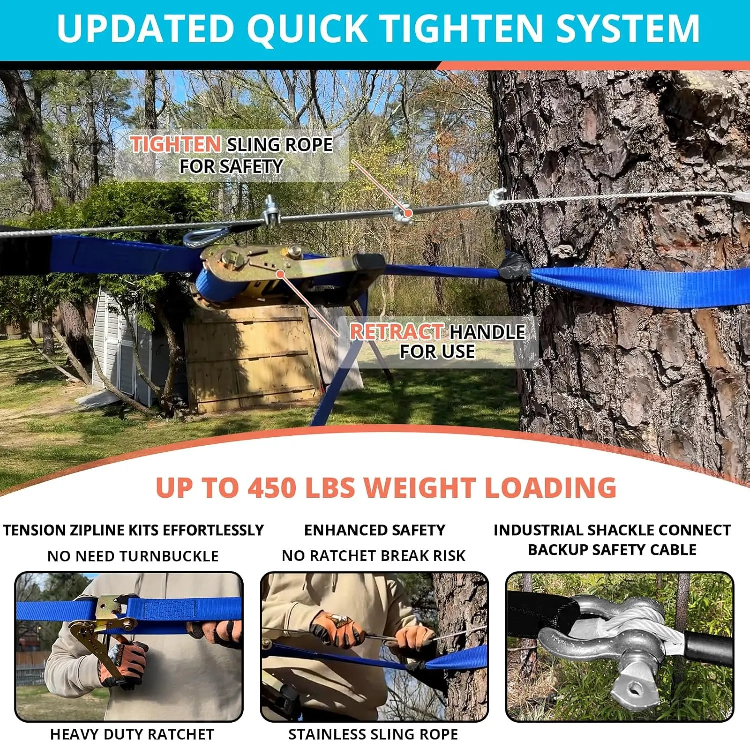 Zip Line Kit for Kids Adults : 100FT Up to 450Lbs - Quick Tighten Zipline for Backyard Outdoor with 100% Rust Proof Removable Trolley Seat Spring Brake